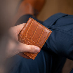 Cognac Alligator Card Holder with Brown Hand Stitching