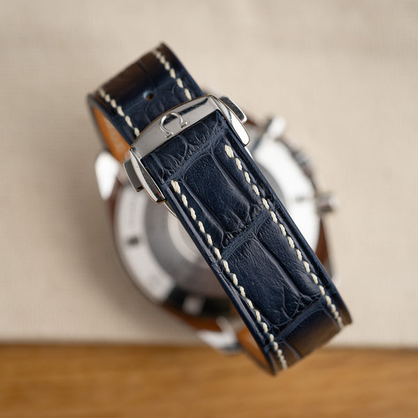 Blue Alligator Watch Strap & white hand-stitching