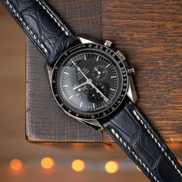 Padded Design - Dark Blue Alligator Strap with white hand-stitching