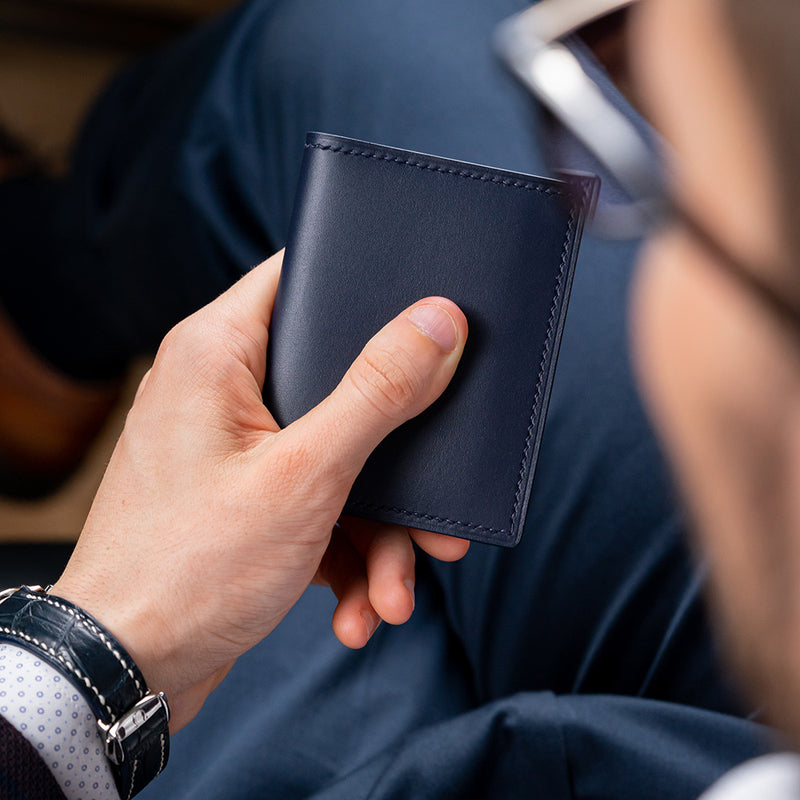 Blue Calf Card Holder with Navy Blue Hand Stitching