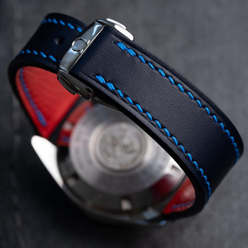 Classic Design - Blue calf leather with royal blue stitching and red goat lining
