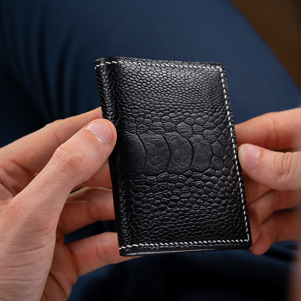 Ostrich leather card holder, still working out the kinks with this new type  of leather : r/Leatherworking