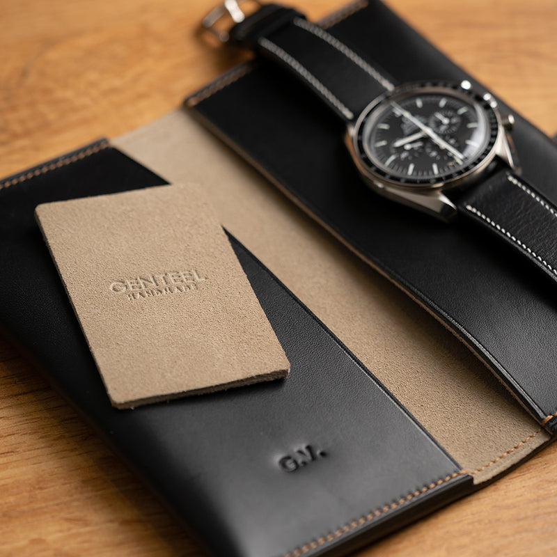 Suede Leather Pad - Black Calf Watch Roll