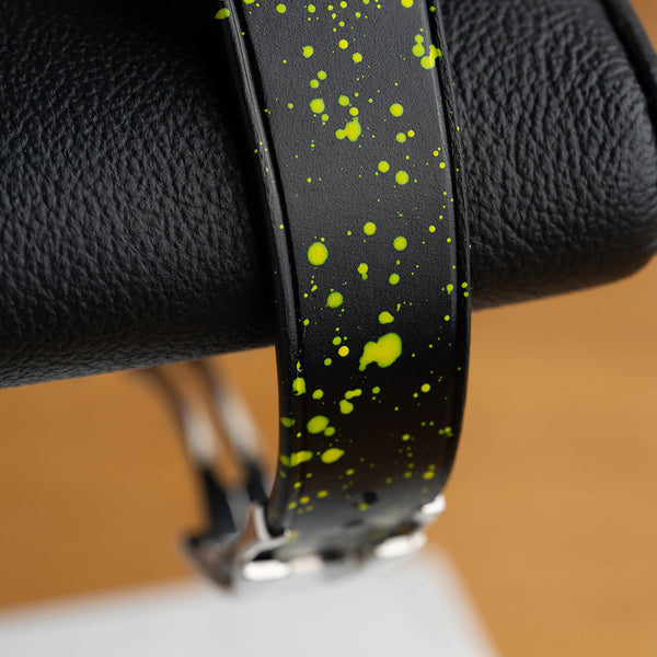 Black Buttero Yellow paint-splatter Omega-Style Deployant strap